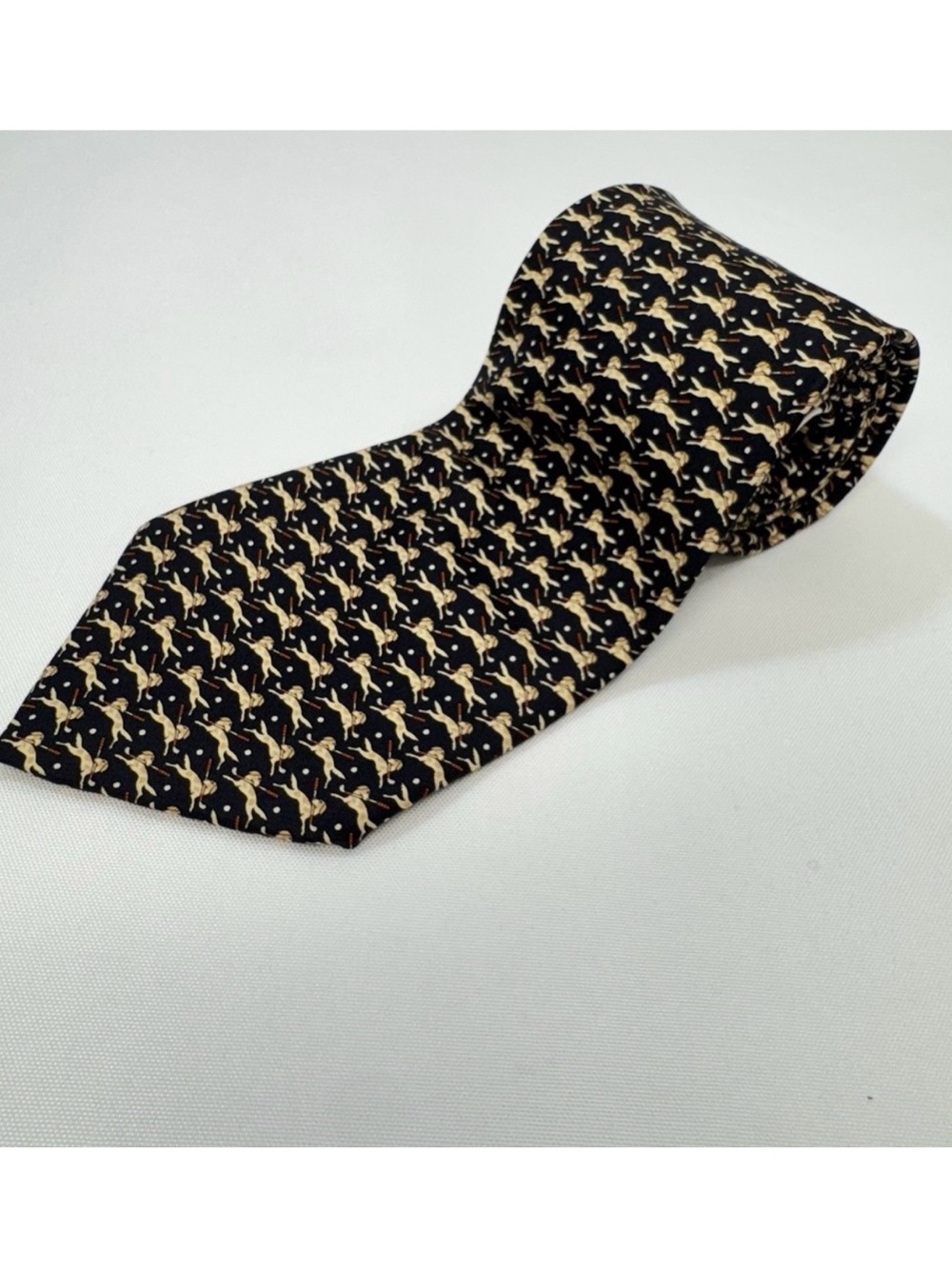 Salvatore‎ Ferragamo 100% Silk Neck Tie Dog Golf Print Black Brown Made in Italy